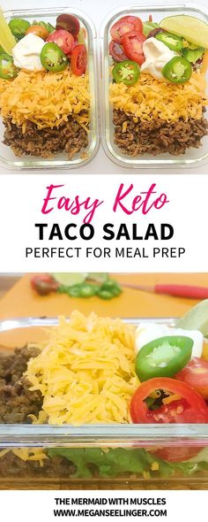 These easy keto meal prep ground beef taco salads are low carb and a quick recipe to follow. You can really add whatever taco toppings you’d prefer, however, to keep it Keto I’d stay away from corn and go easy on the black beans if you decide to add those. The best Keto friendly Taco toppings are Cheddar cheese, Avocado/guacamole, Shredded lettuce, Jalapeno, Onions, Bell peppers, Sour cream, Cilantro. Try out these keto taco bowls with your favorite taco toppings #salad #recipe #easydinner #keto